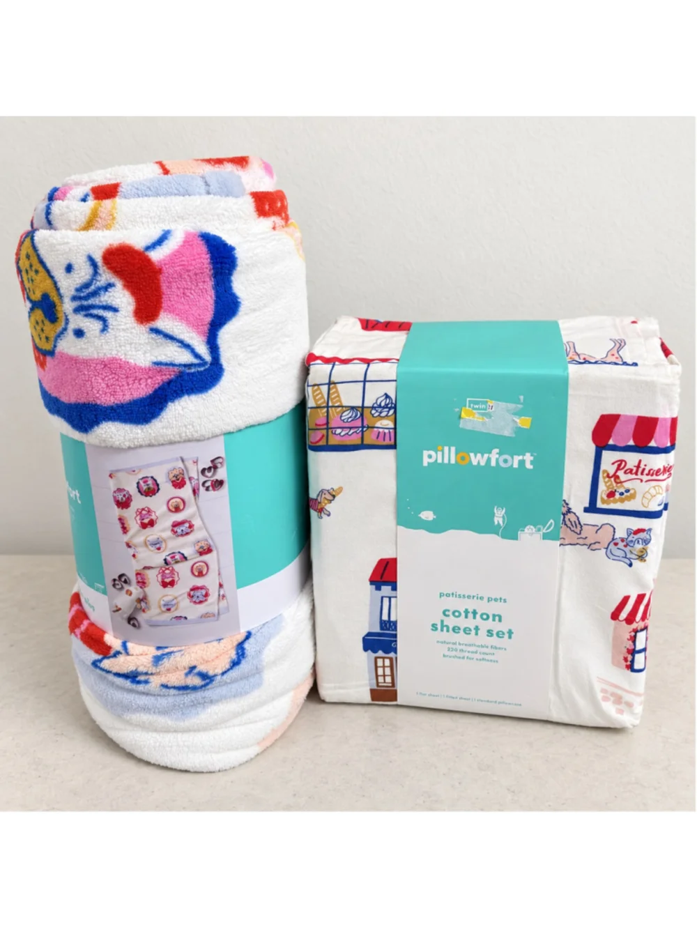 Pillowfort Patisserie Pets Twin Sheet Set & Plush Throw Blanket Bundle NEW